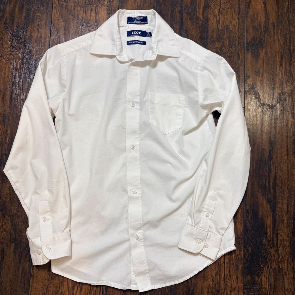 IZOD Button Down Shirt Kids M 10/12 White Stretch Long Sleeve ITABB01K-100